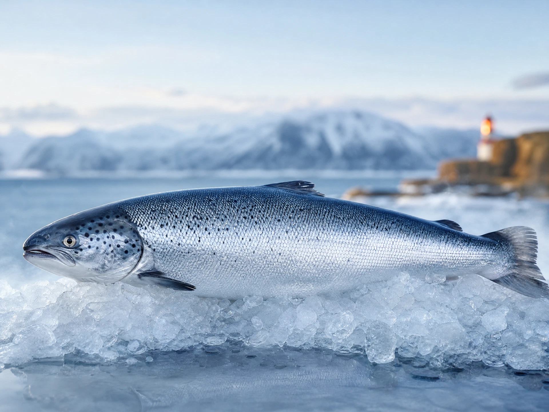 Norwegian salmon farm in pristine Arctic fjord — sustainably raised Atlantic salmon for export